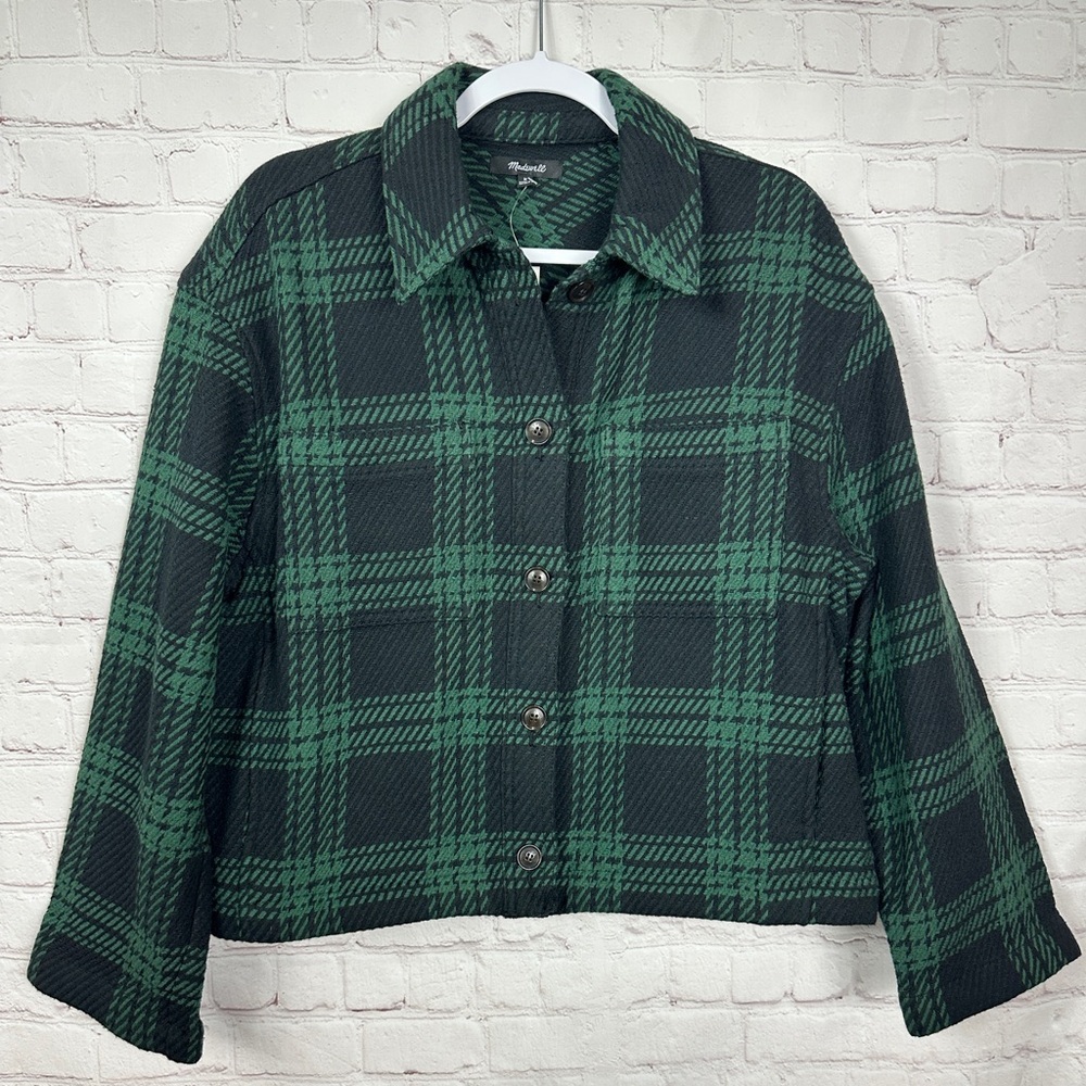 MADEWELL Boxy Shirt Jacket Blazer Green Navy Plaid Button Front NN959 Sz‎ M NWT - Picture 2 of 9